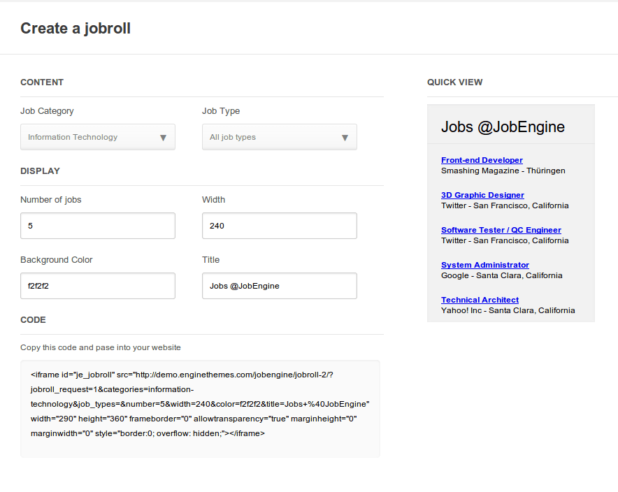 Create your jobroll - JobEngine extension, create a jobroll from your WordPress job board theme