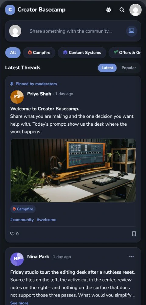 Creator Basecamp community feed using the built in dark view