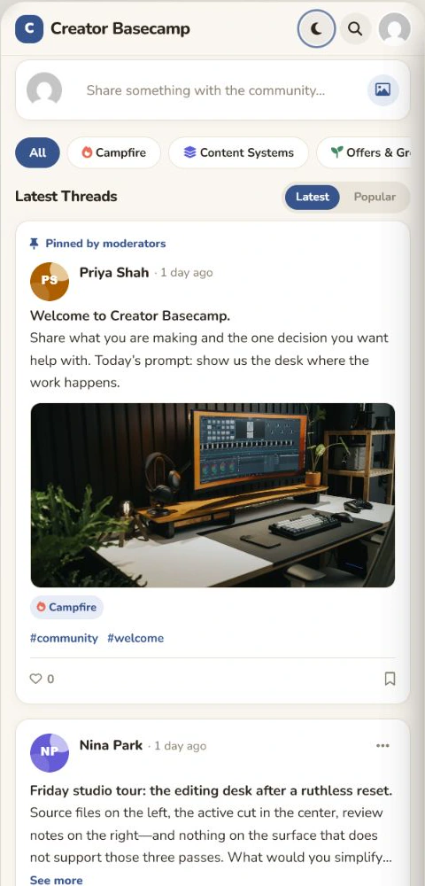Creator Basecamp community feed with boards and current discussions