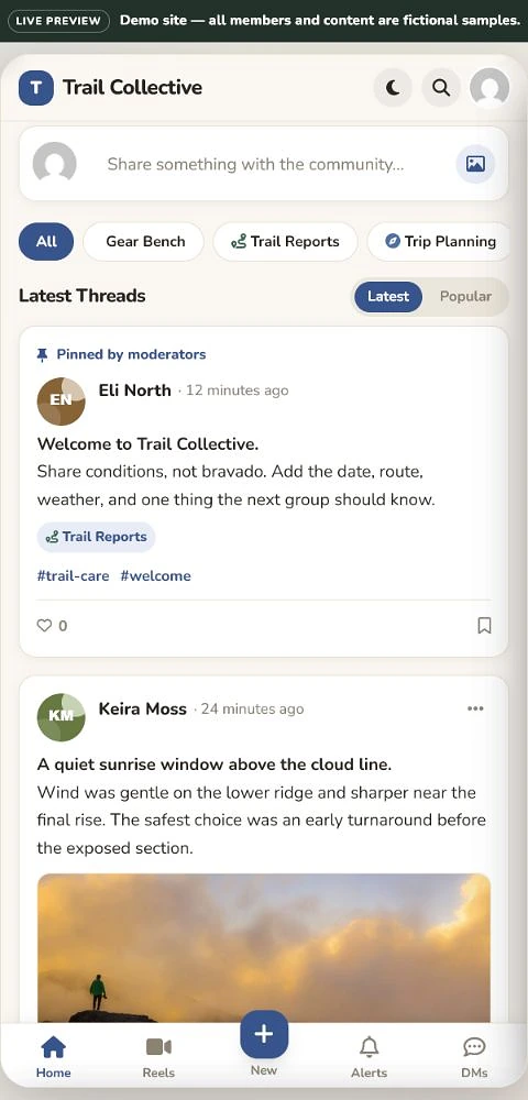 Trail Collective mobile community home screen with trail report boards, member posts and a sunrise trip photo.