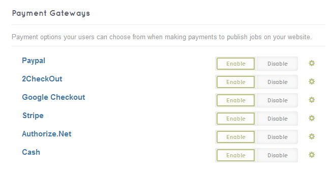 Settings - Payment Gateway List in JobEngine - Job Board Software, WordPress Job Board