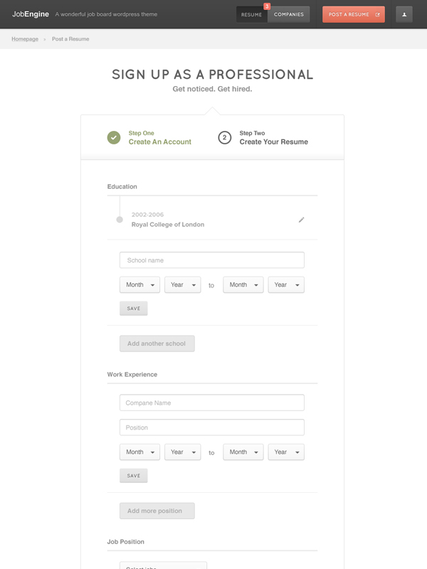 JobEngine jobseeker signup form - WordPress job board theme