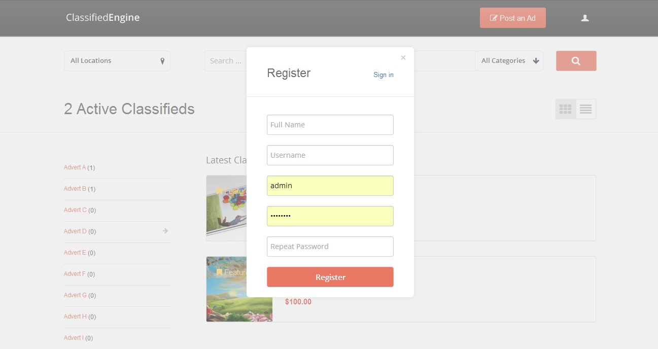 Registration form - Classified Ad Software, WordPress Classified Theme ClassifiedEngine